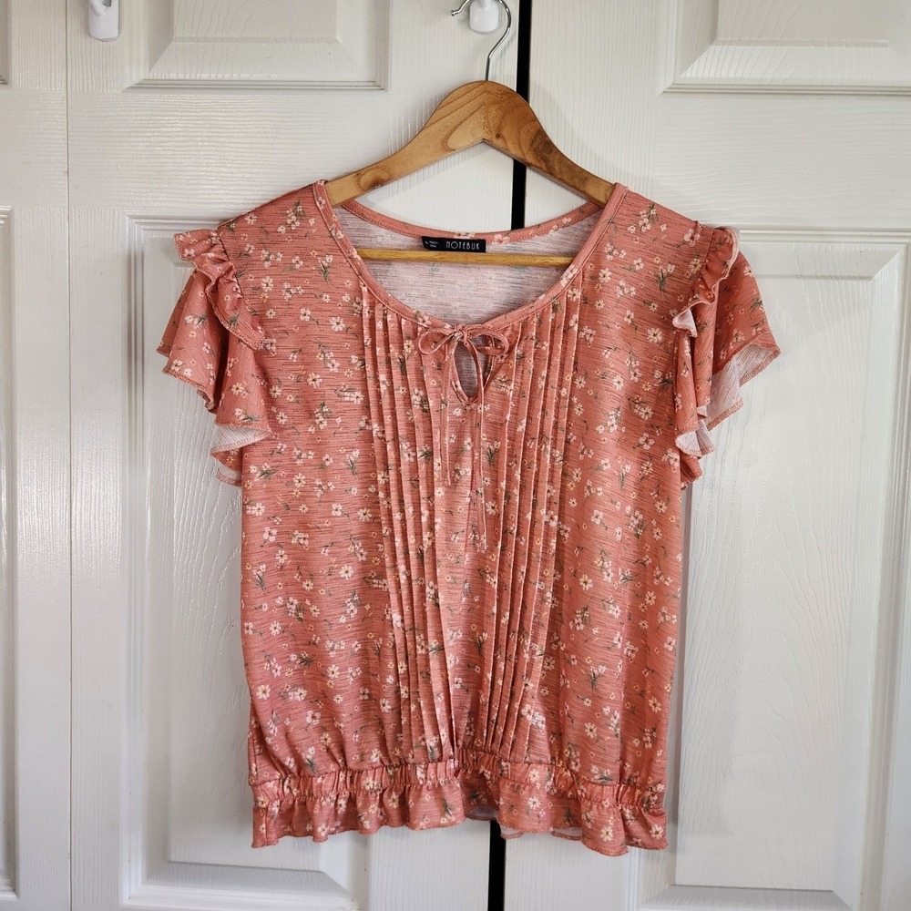 NOTEBUK Womens Coral Floral Top XL‎ Pintuck Bow Cropped Cottage Prairie Flutter